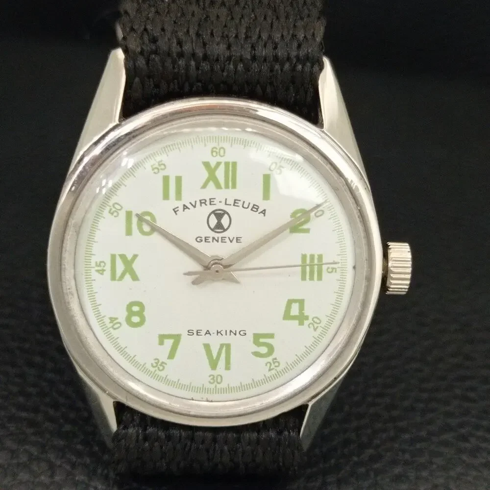 Vintage 1972 Favre Leuba Manual Mens Silver Watch W/Black Strap